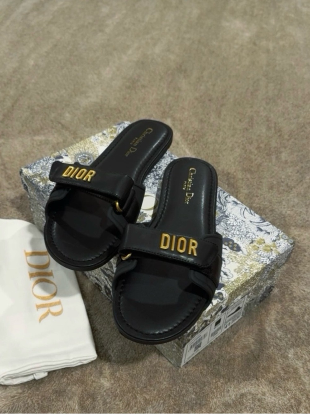 Dior Black Leather Slide Sandals with Gold Logo